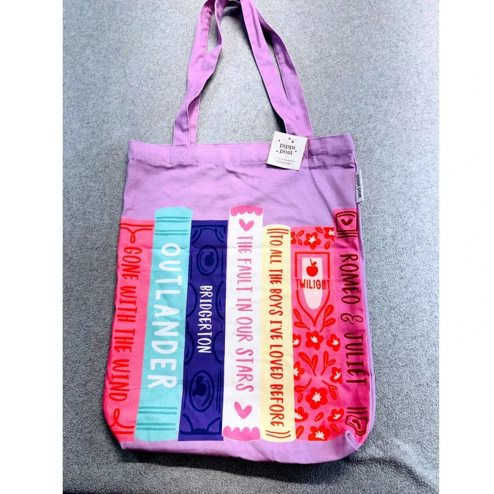 Pippi Post Book Lover Canvas Tote Bag NWT Purple Book Stack Library Reader Gift
